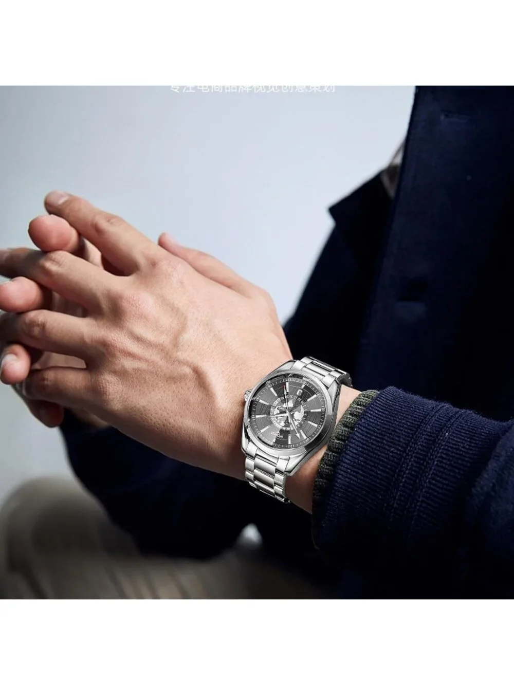 Men's Silver Black Analog Quartz Stainless Steel Waterproof Casual Wrist Watch
